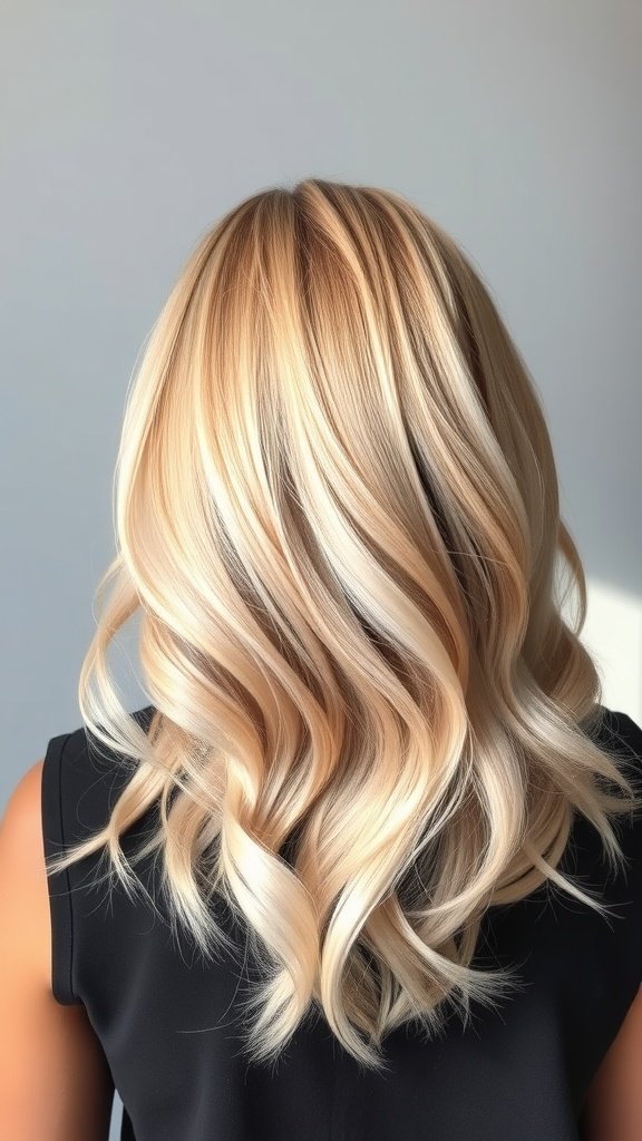 A woman with wavy hair styled in a classic blonde to platinum ombre, showcasing a smooth gradient from warm blonde to bright platinum.