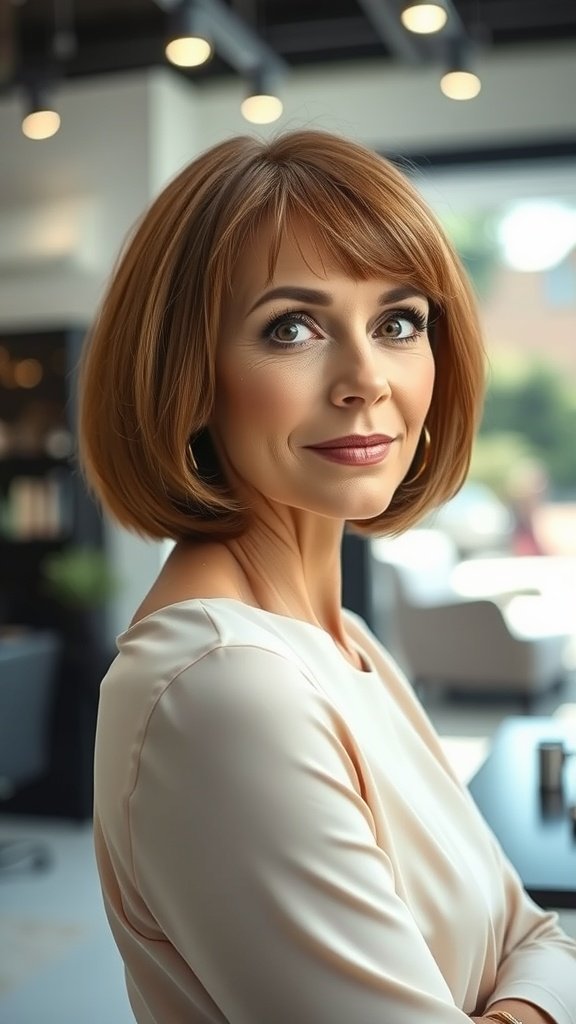 A woman with a classic bob hairstyle and side-swept bangs, looking confident and elegant.