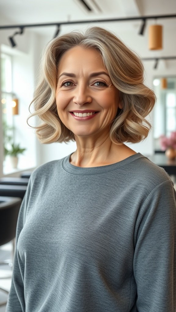 A woman with a classic bob hairstyle featuring soft curls, smiling in a modern salon setting.