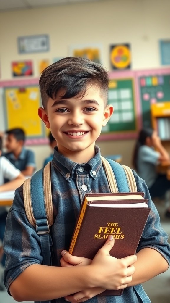 A young boy with a classic crew cut, smiling and holding a book in a classroom setting.