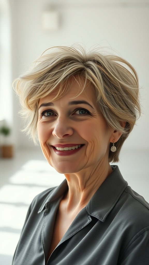 A woman with a classic pixie cut, smiling confidently in a bright, airy space.