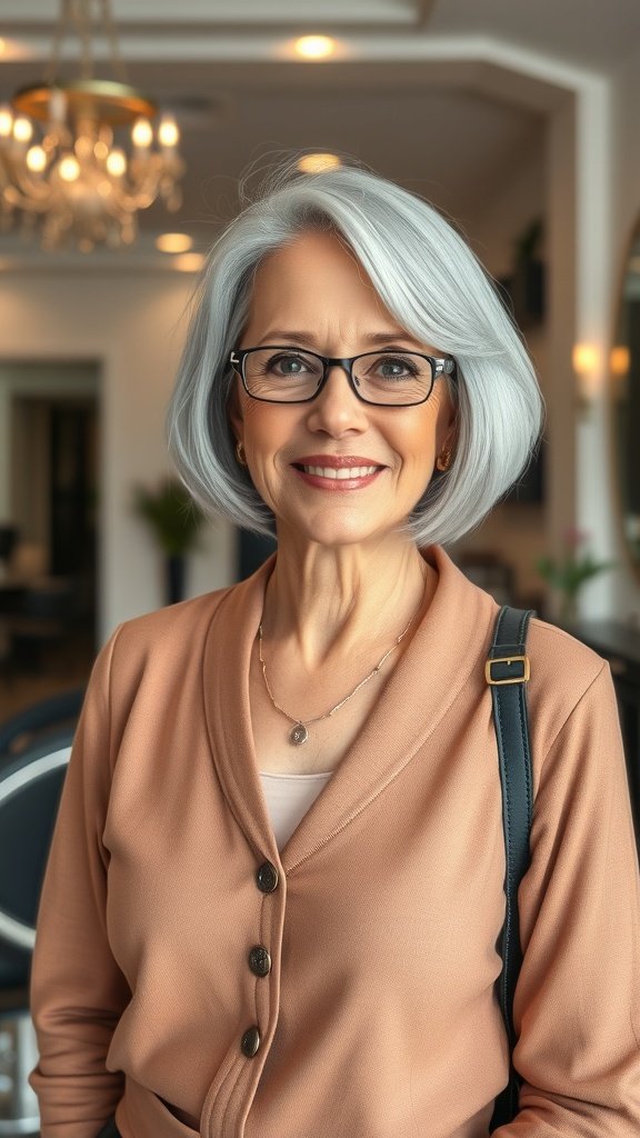 A woman with a classic silver bob hairstyle, wearing glasses and a warm smile.