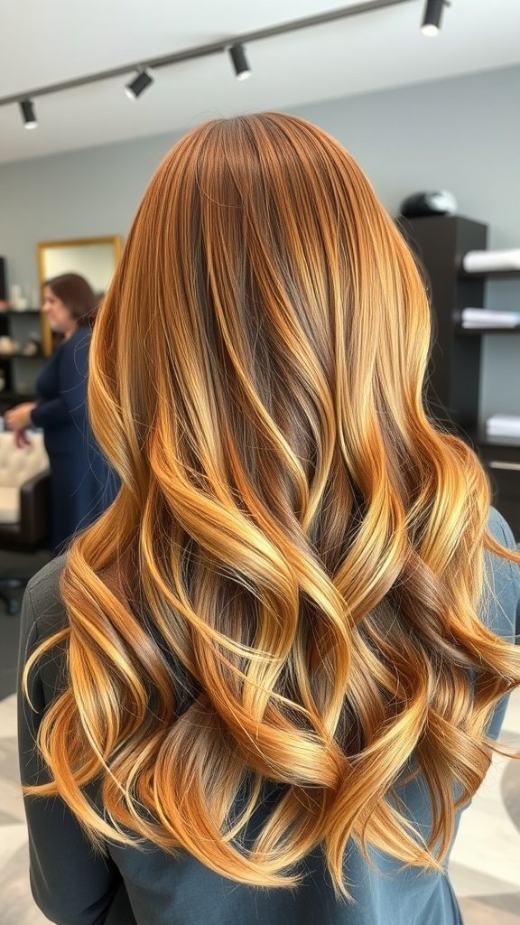 A woman with long, wavy hair featuring a copper balayage hairstyle, showcasing rich auburn tones and soft highlights.