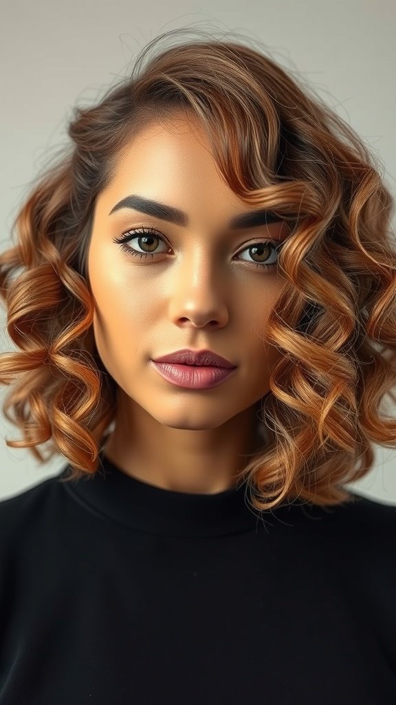 A woman with a curly bob hairstyle featuring a defined part, showcasing vibrant curls and a stylish look.
