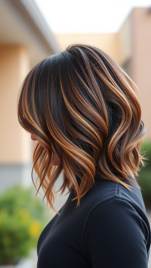A dark brown bob hairstyle with caramel highlights, showcasing soft waves and a stylish look.