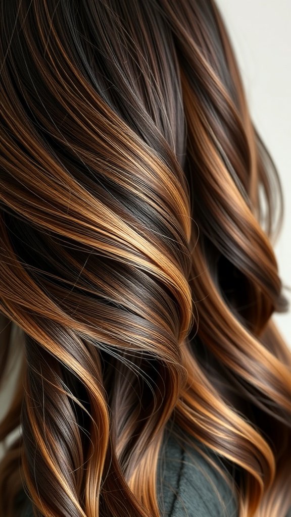 Dark brown hair with subtle honey highlights styled in soft waves