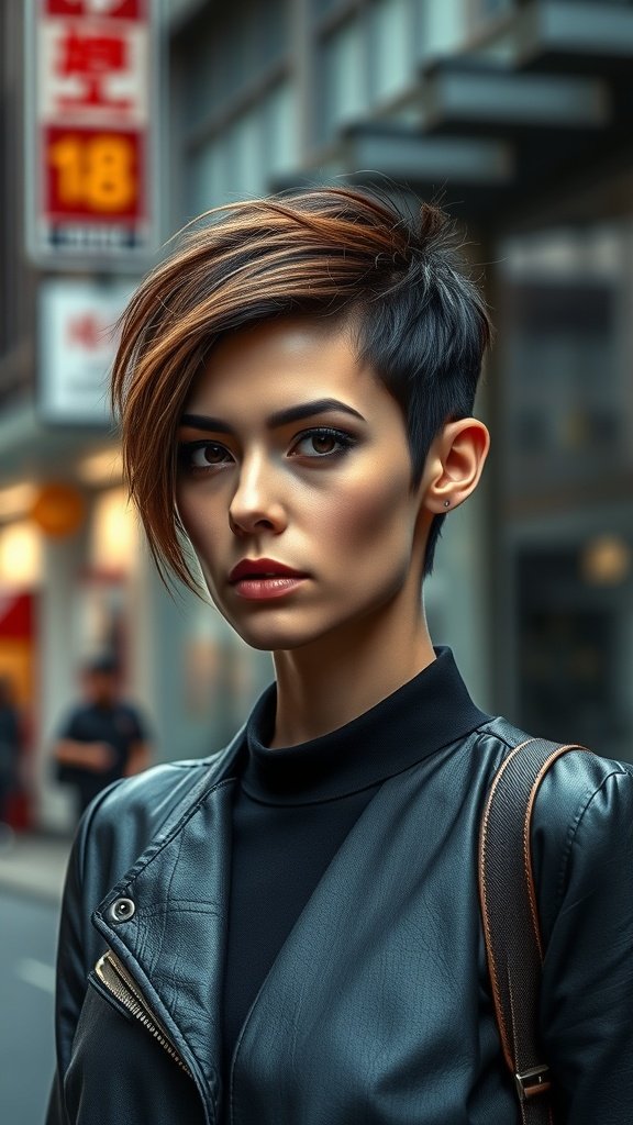 A woman with an edgy pixie cut and long side bangs, wearing a leather jacket.