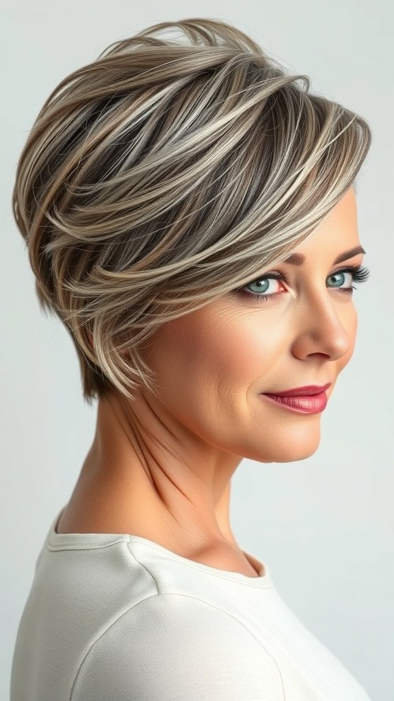 A woman with a wavy pixie hairstyle featuring subtle highlights, showcasing a confident and stylish look.