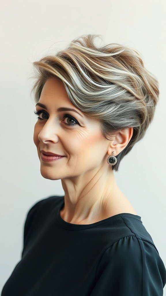 A woman with a wavy pixie hairstyle featuring subtle highlights, looking stylish and confident.