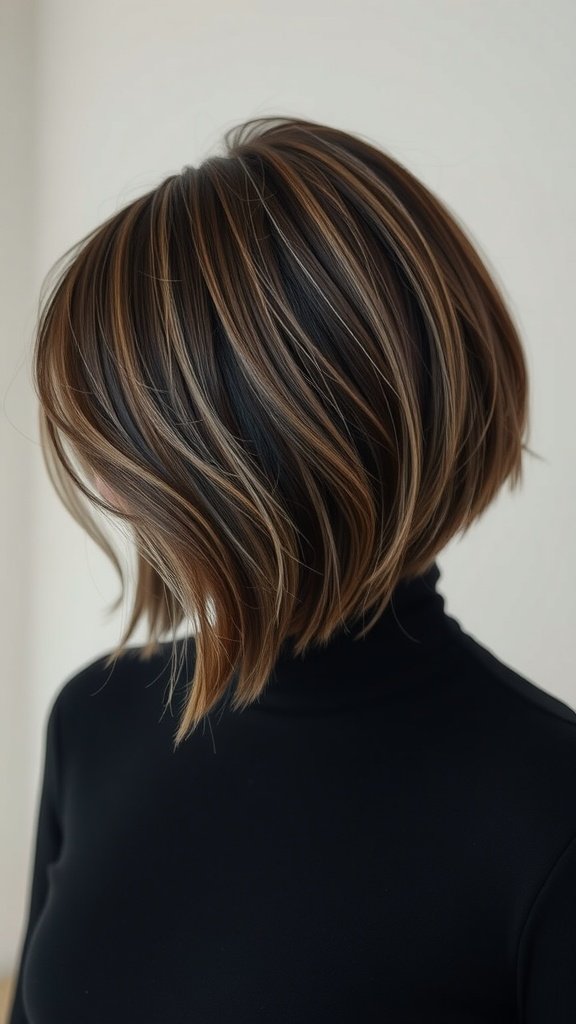 Espresso-tapered bob hairstyle with ashy streaks
