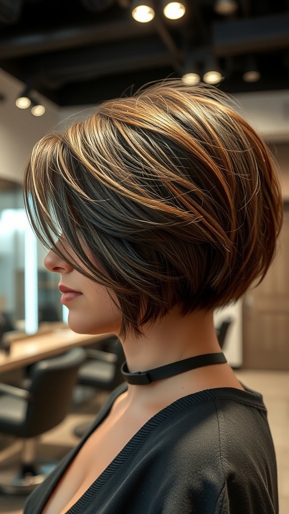 A woman with a feathered bob haircut featuring an undercut, showcasing layers and highlights.