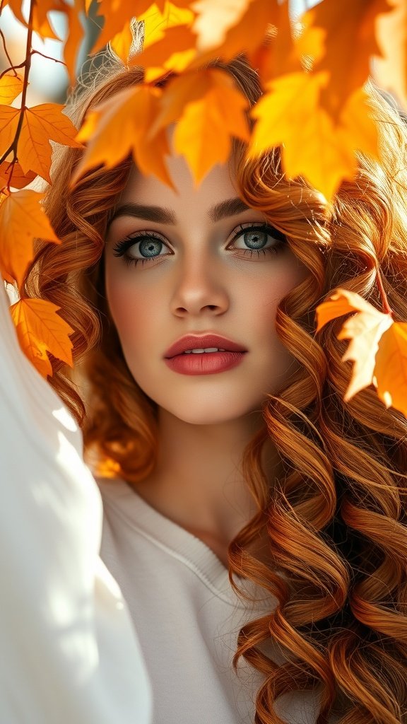 A model with copper curls surrounded by autumn leaves.