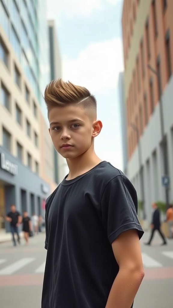 A teenage boy with a high-top fade haircut and a side design, standing confidently in an urban setting.