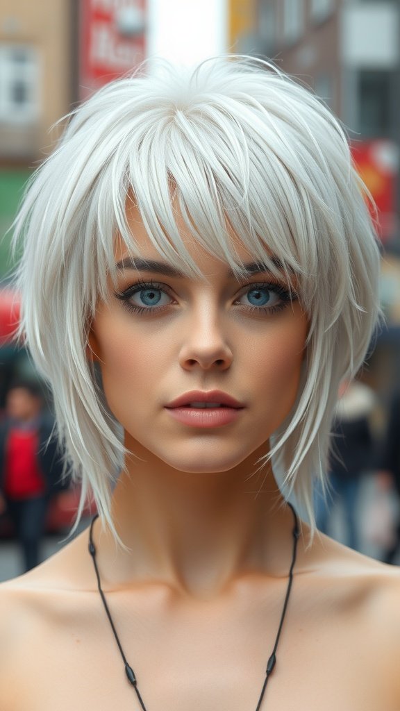 A model with an icy platinum shag haircut and long bangs, showcasing a chic rock star style.