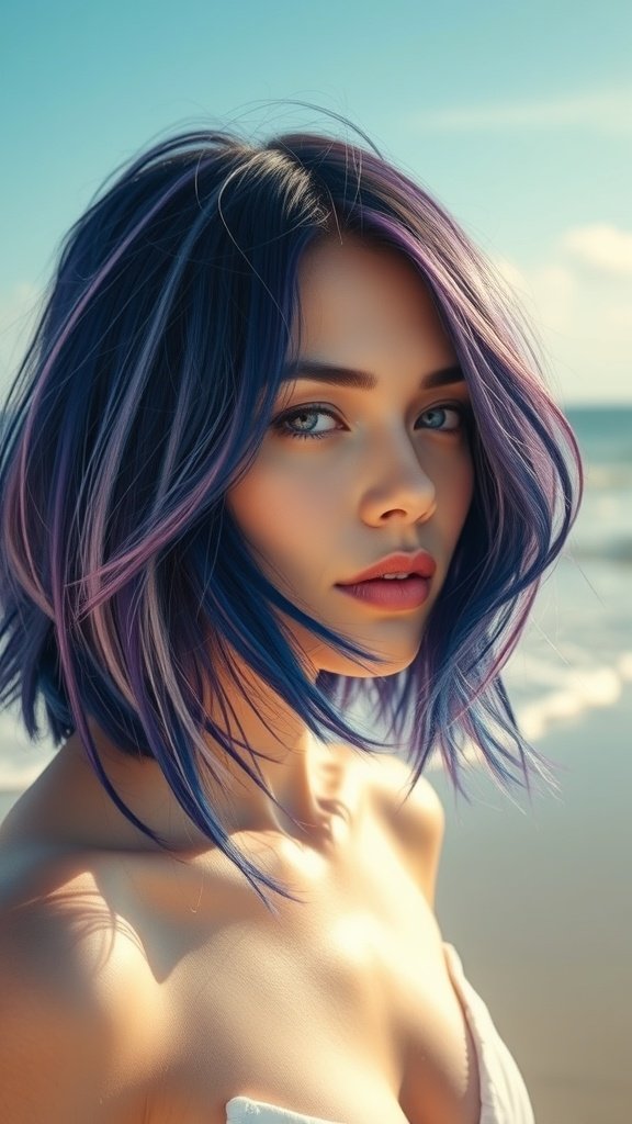 A woman with an inverted bob haircut featuring beachy waves and vibrant blue and purple hair color, standing by the beach.
