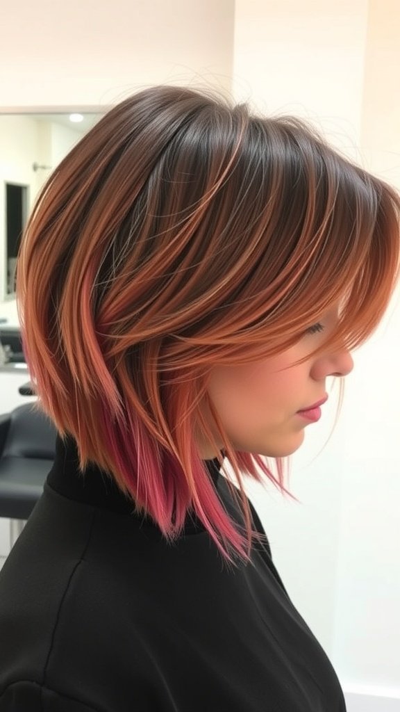 A woman with a layered bob hairstyle featuring asymmetrical side-swept bangs and vibrant pink tips.