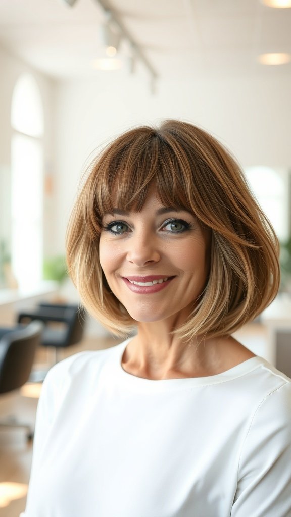 A woman with a layered bob hairstyle featuring curtain bangs, smiling in a salon setting.