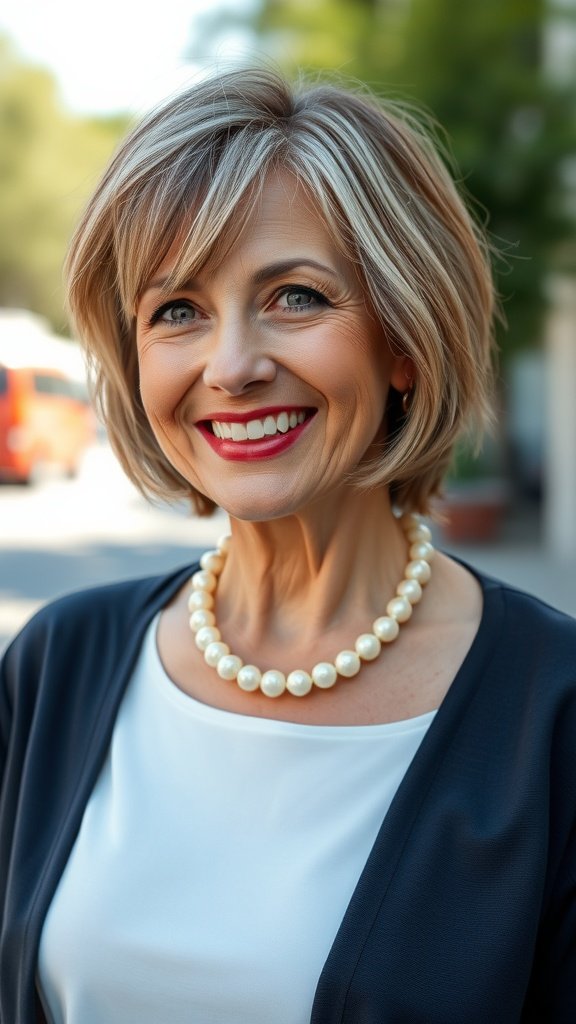 A woman with a layered lob hairstyle and side-swept bangs, wearing a pearl necklace and smiling.