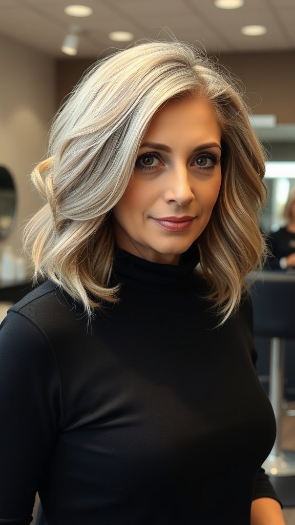 A woman with a layered shoulder-length bob hairstyle, showcasing soft waves and a polished look.