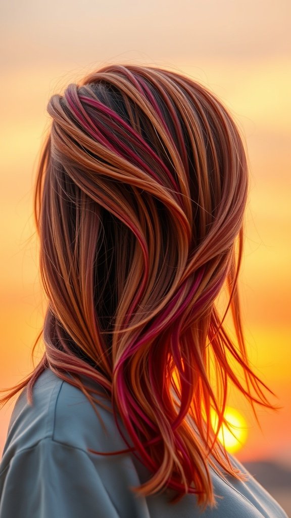A woman with layered shullet hairstyle featuring sunset-inspired colors, standing against a sunset backdrop.