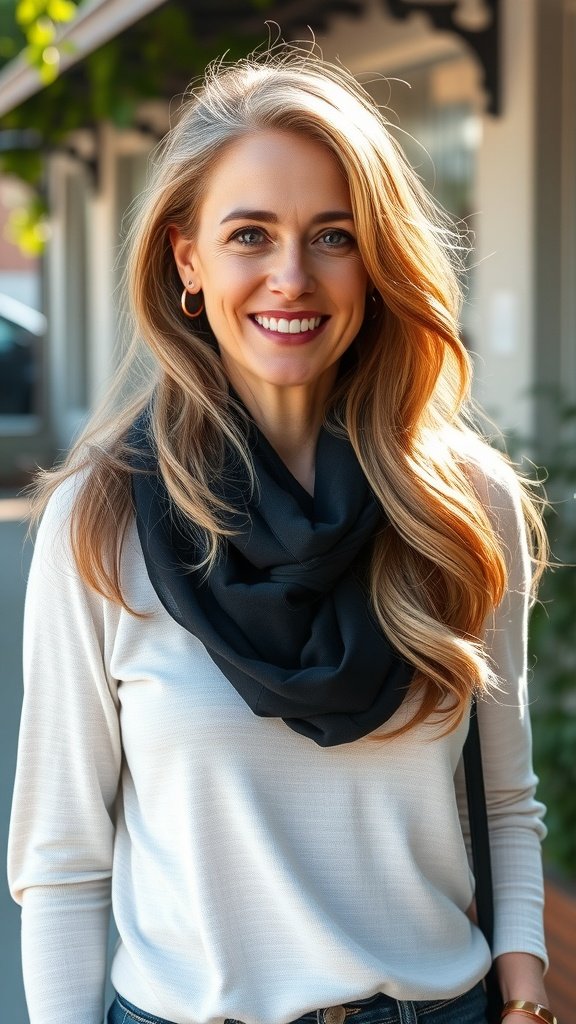 A woman with long layers and soft waves, smiling outdoors.