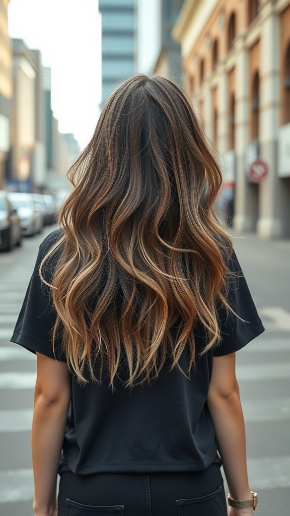 A woman with long razored layers and feathered ends, standing in a city street.