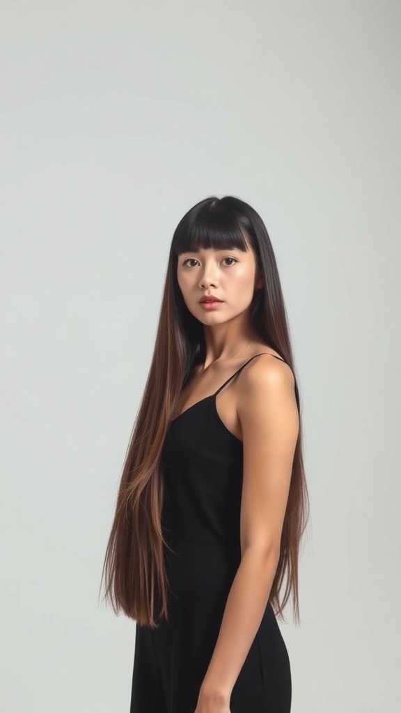 A woman with long straight hair and blunt bangs, wearing a black outfit, posing confidently.