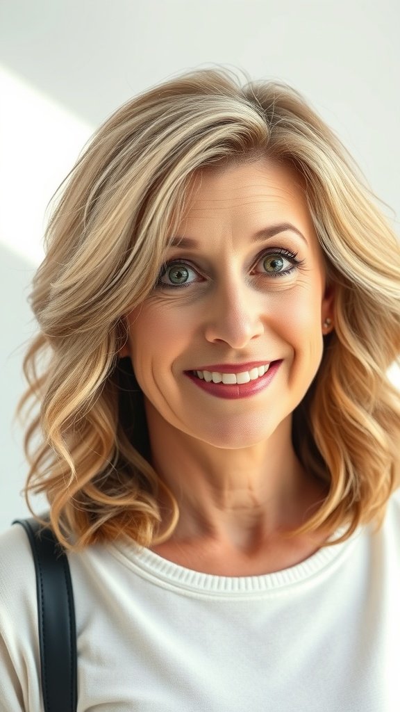 A woman with medium layered cut and soft waves, smiling brightly.