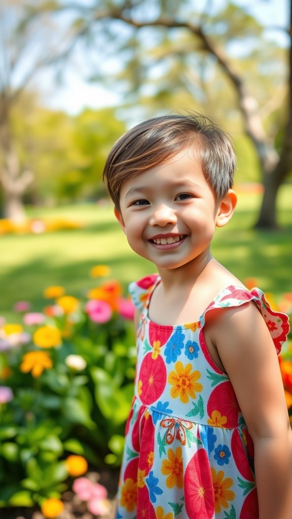 A young girl with a pixie haircut and side-swept bangs, smiling in a colorful floral dress surrounded by flowers.