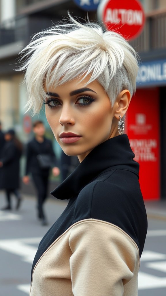 A woman with a platinum tapered shaggy pixie cut, showcasing a stylish and modern hairstyle.