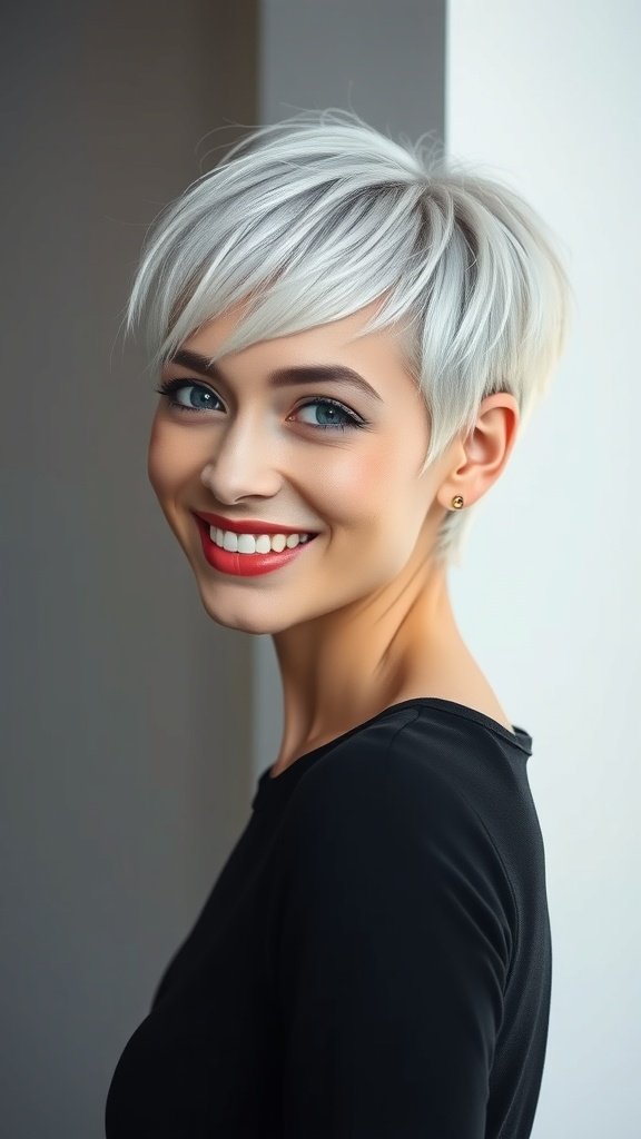 A woman with a platinum ice pixie cut, smiling and wearing a black top.