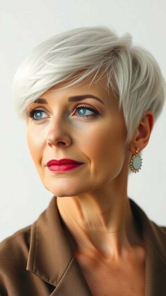 A woman with a platinum pixie cut and side bangs, showcasing a modern and stylish look.