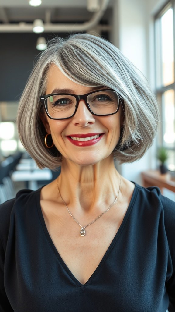 A woman over 50 with a salt-and-pepper layered bob hairstyle, wearing glasses and smiling.