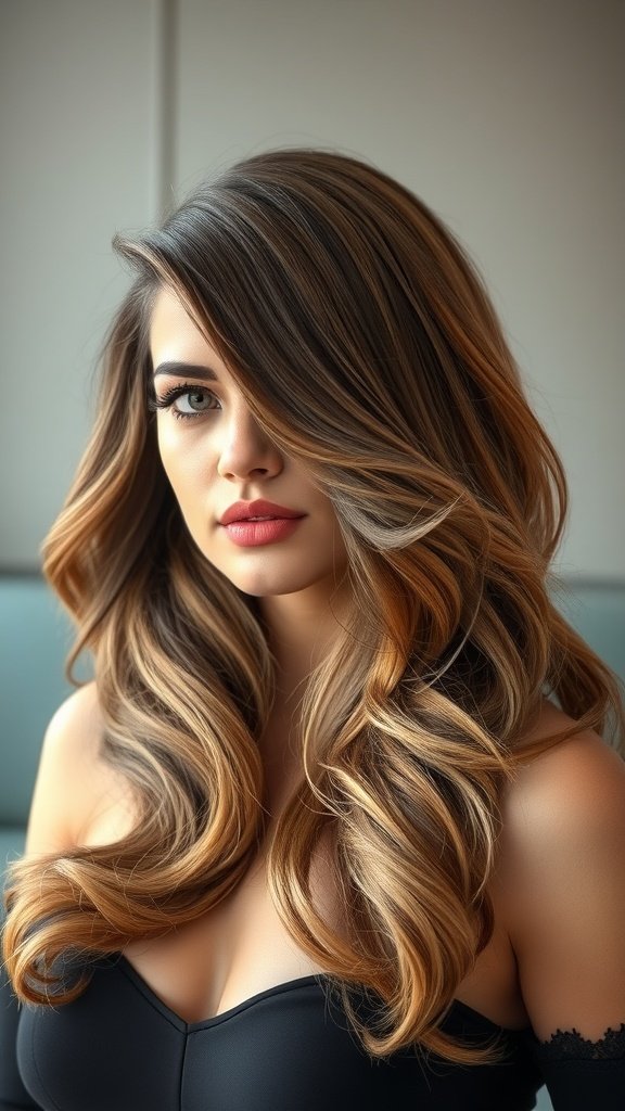 A woman with side-parted voluminous waves, showcasing soft curls and a sophisticated look.
