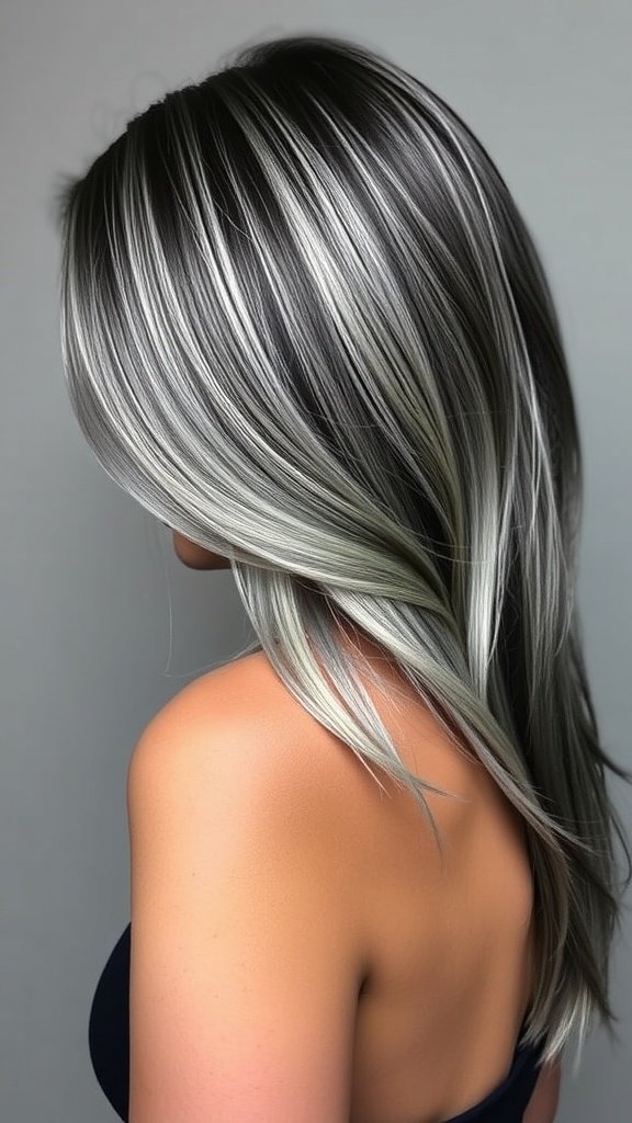 A woman with silver ombre hair on a jet-black base, showcasing a stylish and bold hair color.