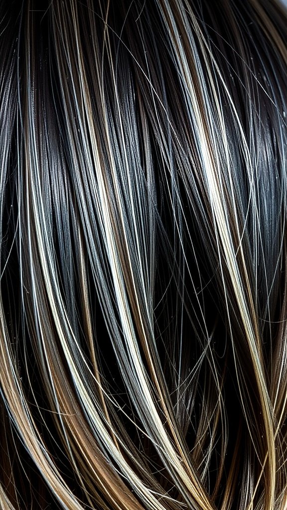 Close-up of dark brown hair with silver highlights