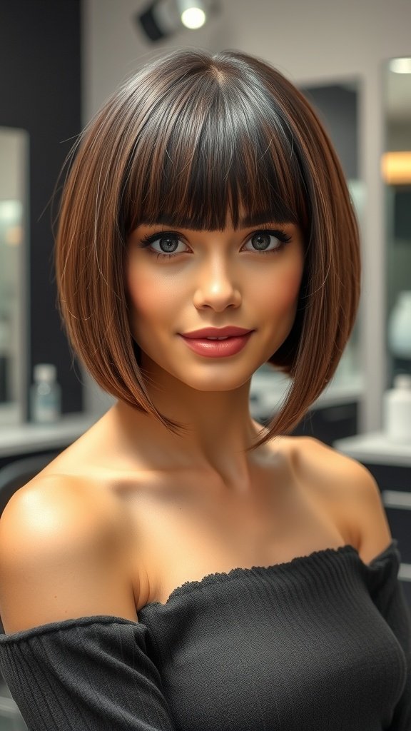 A woman with a sleek blunt bob hairstyle and feathered bangs, showcasing a chic and polished look.