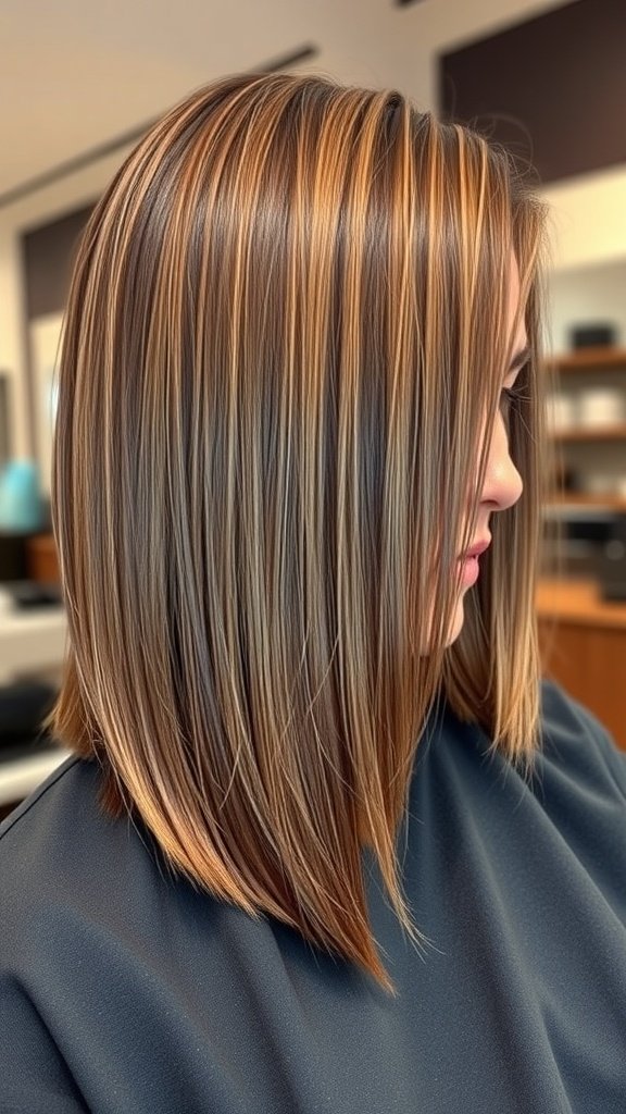A woman with sleek, medium-length hair styled in a blunt cut with a slight side part, showcasing smooth strands and a polished look.