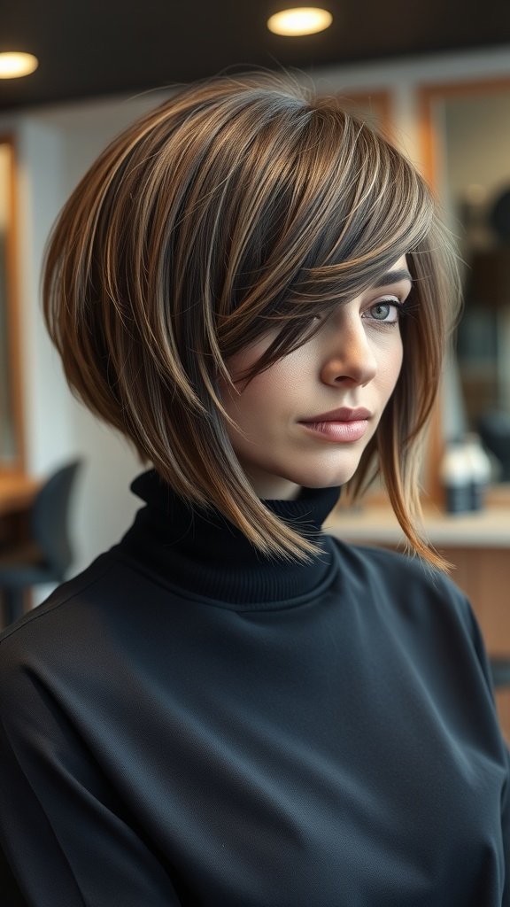 A woman with a sleek bob wolf cut, featuring layered hair and subtle highlights, wearing a black turtleneck.