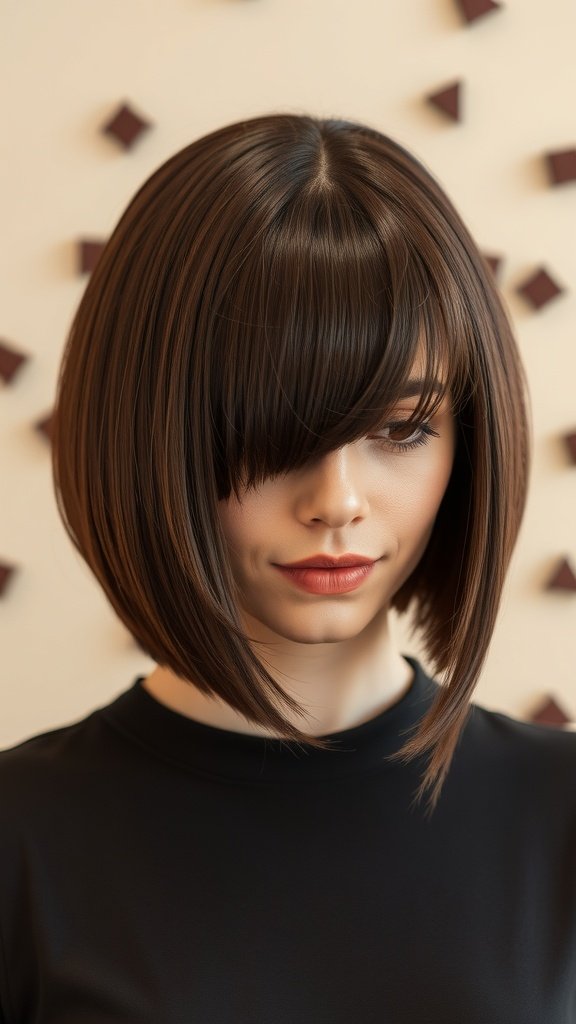 A woman with a sleek chocolate brown bob hairstyle, featuring straight hair and a fringe, against a neutral background.