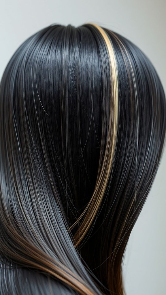 Sleek jet black hair with golden blonde streaks
