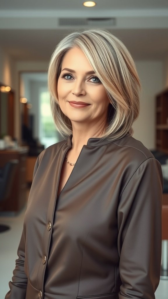 A woman with a sleek layered lob hairstyle, looking stylish and confident.