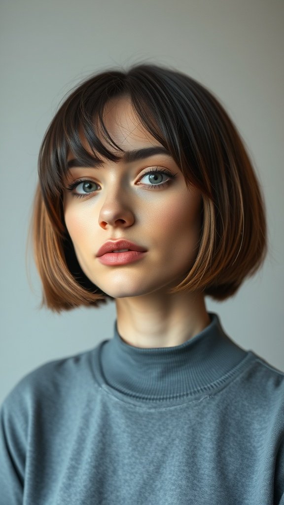 A woman with a sleek micro bob hairstyle featuring side-swept bangs, wearing a gray top.
