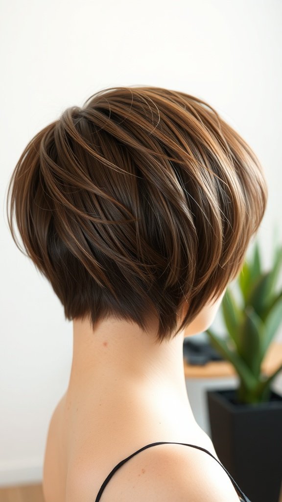 A sleek pixie cut with side-swept bangs, showcasing a stylish and voluminous hairstyle.