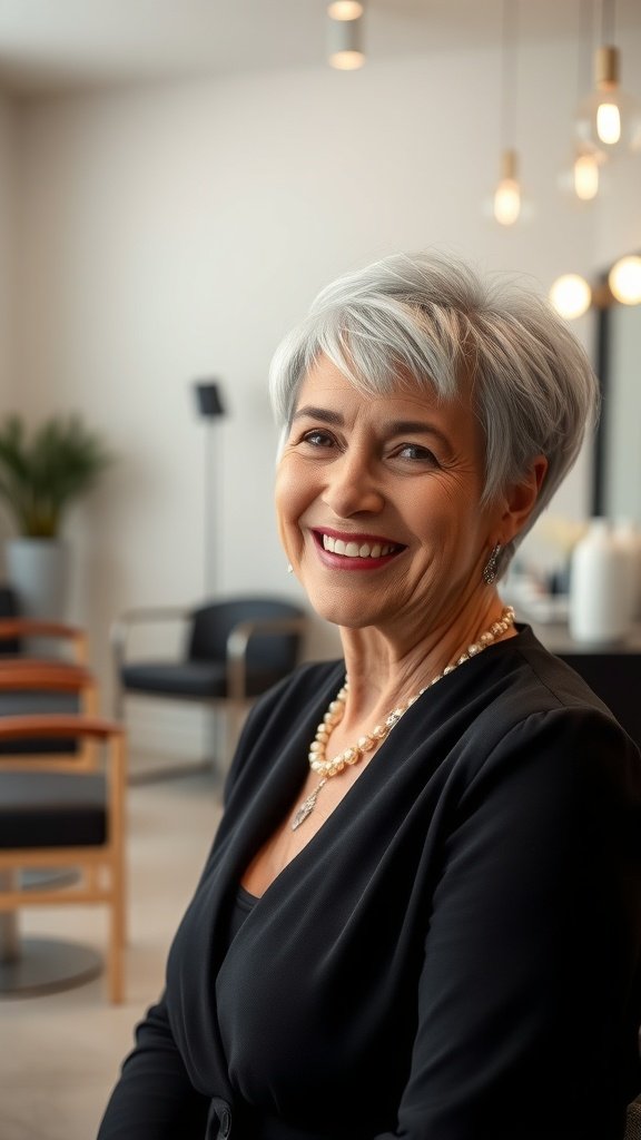 A woman with a sleek pixie cut and wispy bangs, smiling confidently.