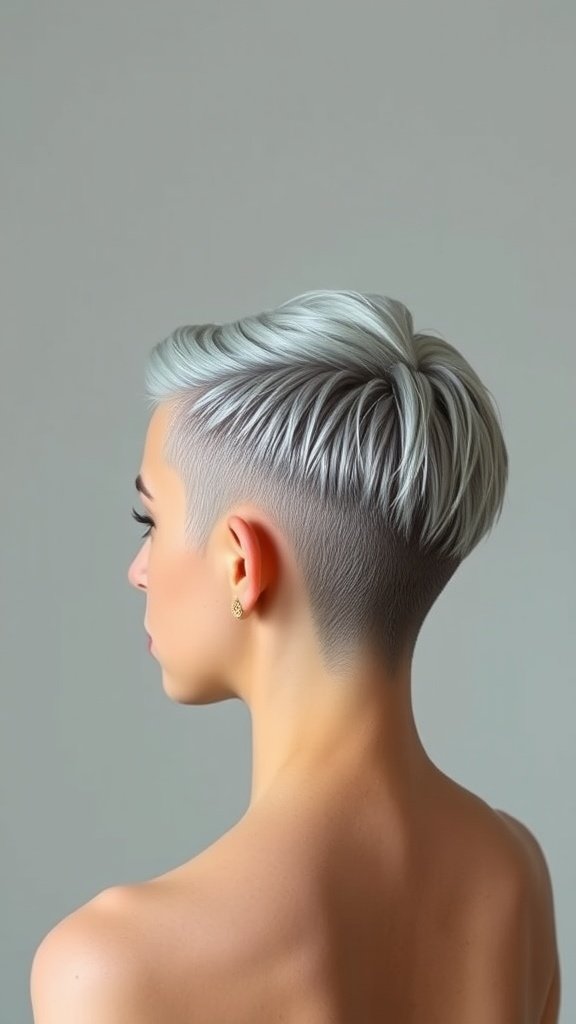 Slicked-back silver pixie hairstyle with undercut