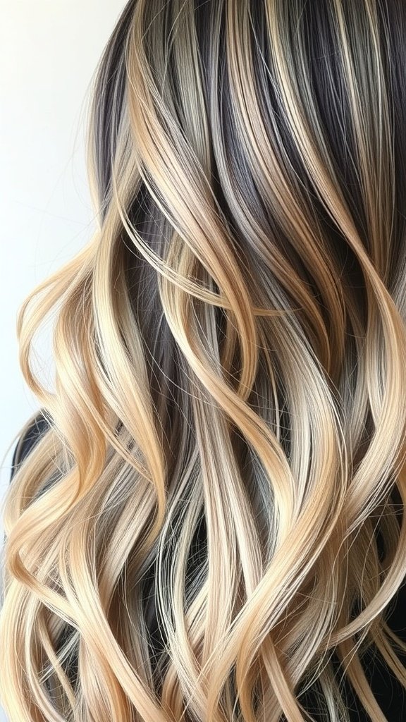 Soft ash blonde waves with dark roots, showcasing a modern hairstyle with texture and movement.