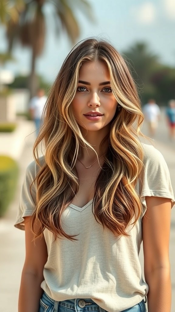 A woman with soft balayage waves, wearing a casual outfit, standing outdoors.