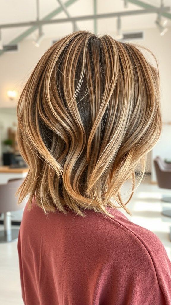 Shoulder-length bob hairstyle with soft caramel balayage highlights.