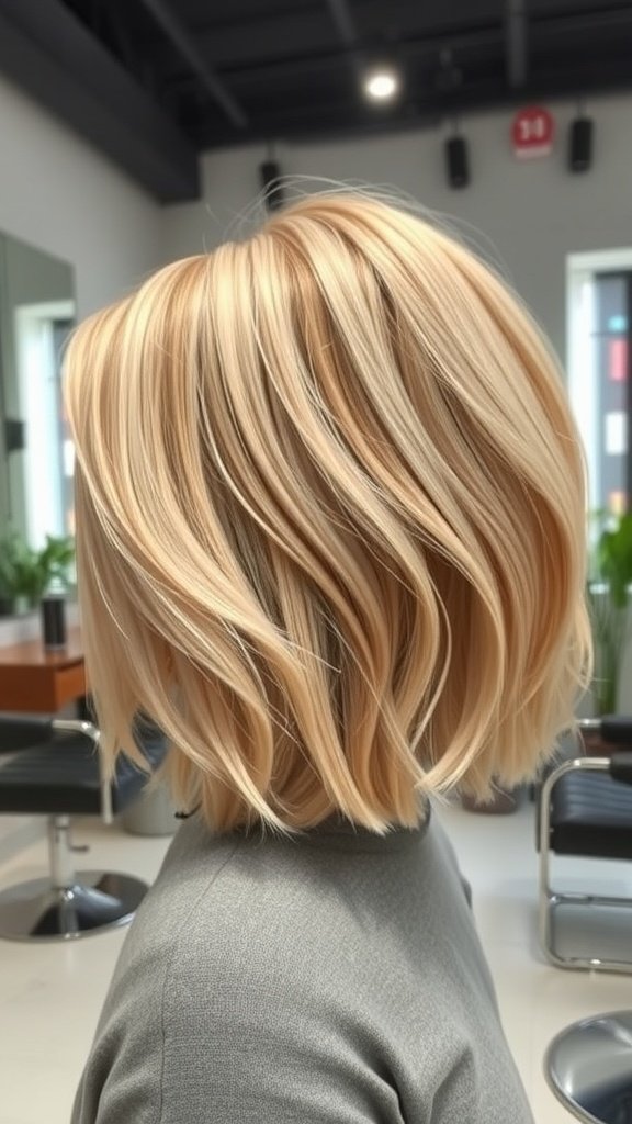 A blonde bob hairstyle with soft caramel lowlights, styled in gentle waves.